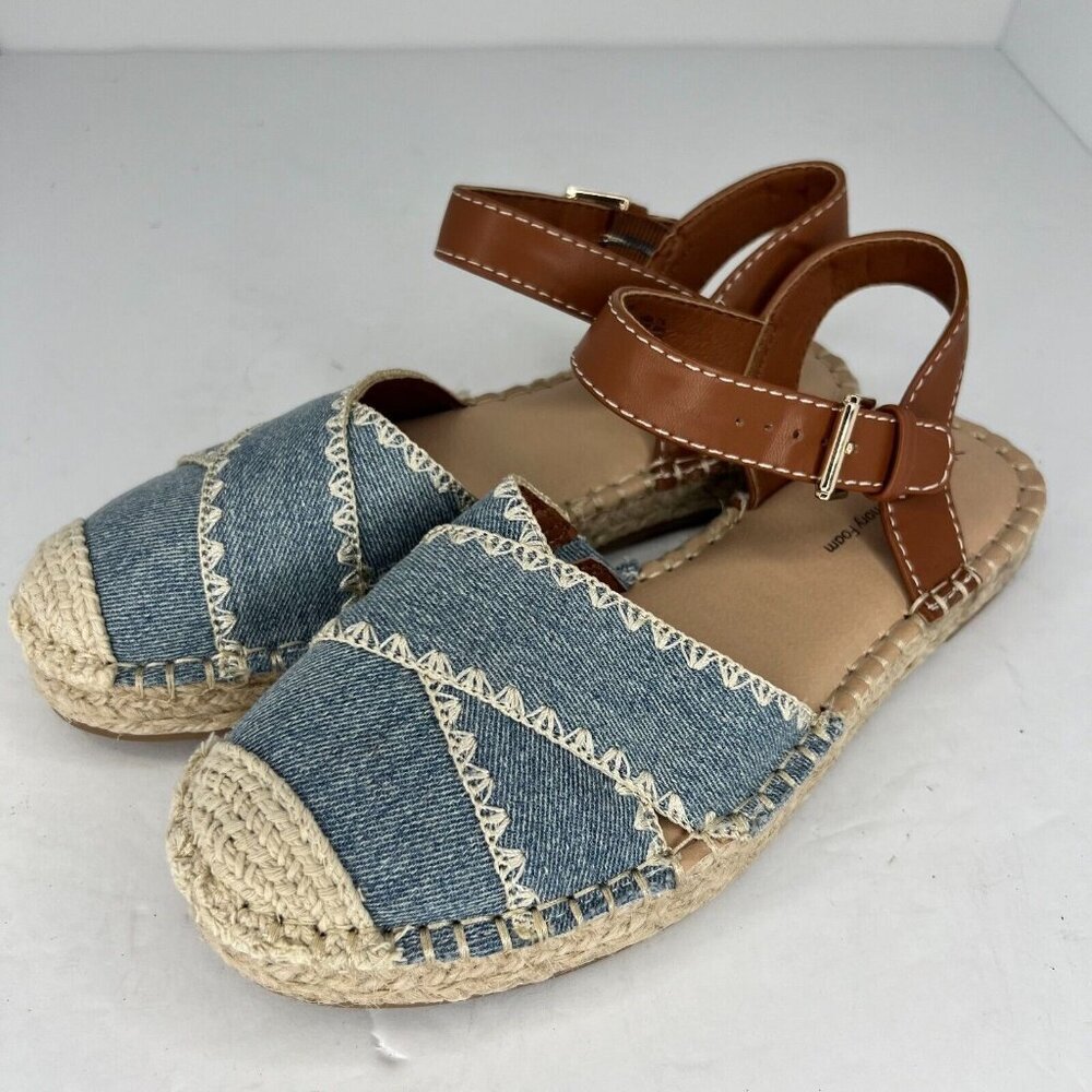 Time and Tru Womens Blue Ankle Strap Buckle Denim Size 7.5 Espadrille Flats